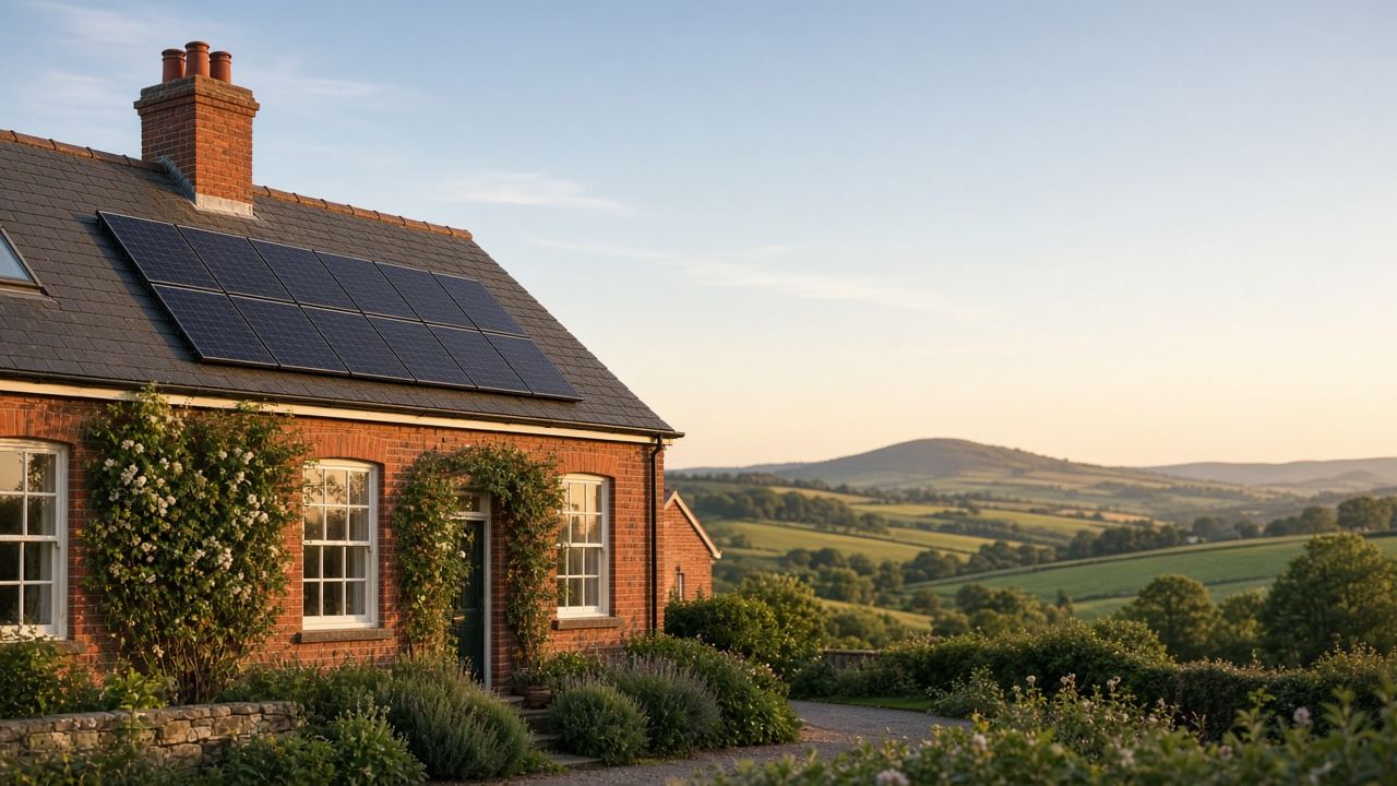 A red-brick house with solar panels on its roof at sunset, with Shropshire hills behind
